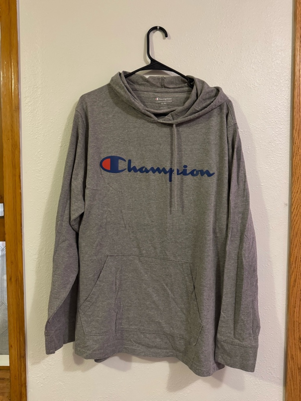 Champion Gray Hoodie with Blue & Red Logo